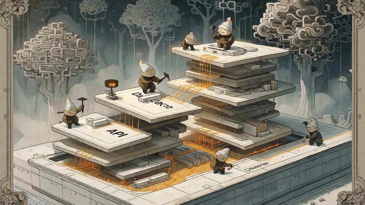 Gnome-like AI agents building layered app slices in a whimsical illustration.
