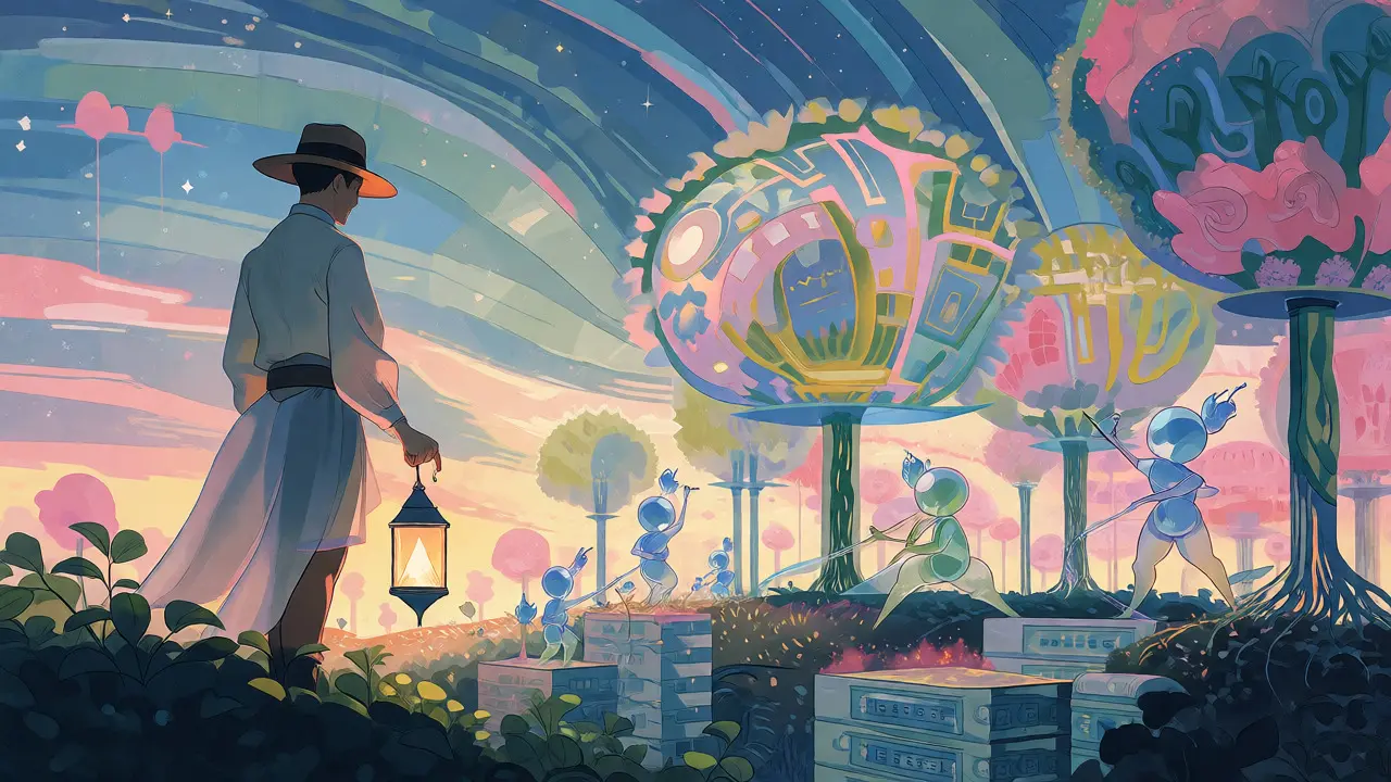 Human supervising whimsical AI agents tending to a garden of data and knowledge.