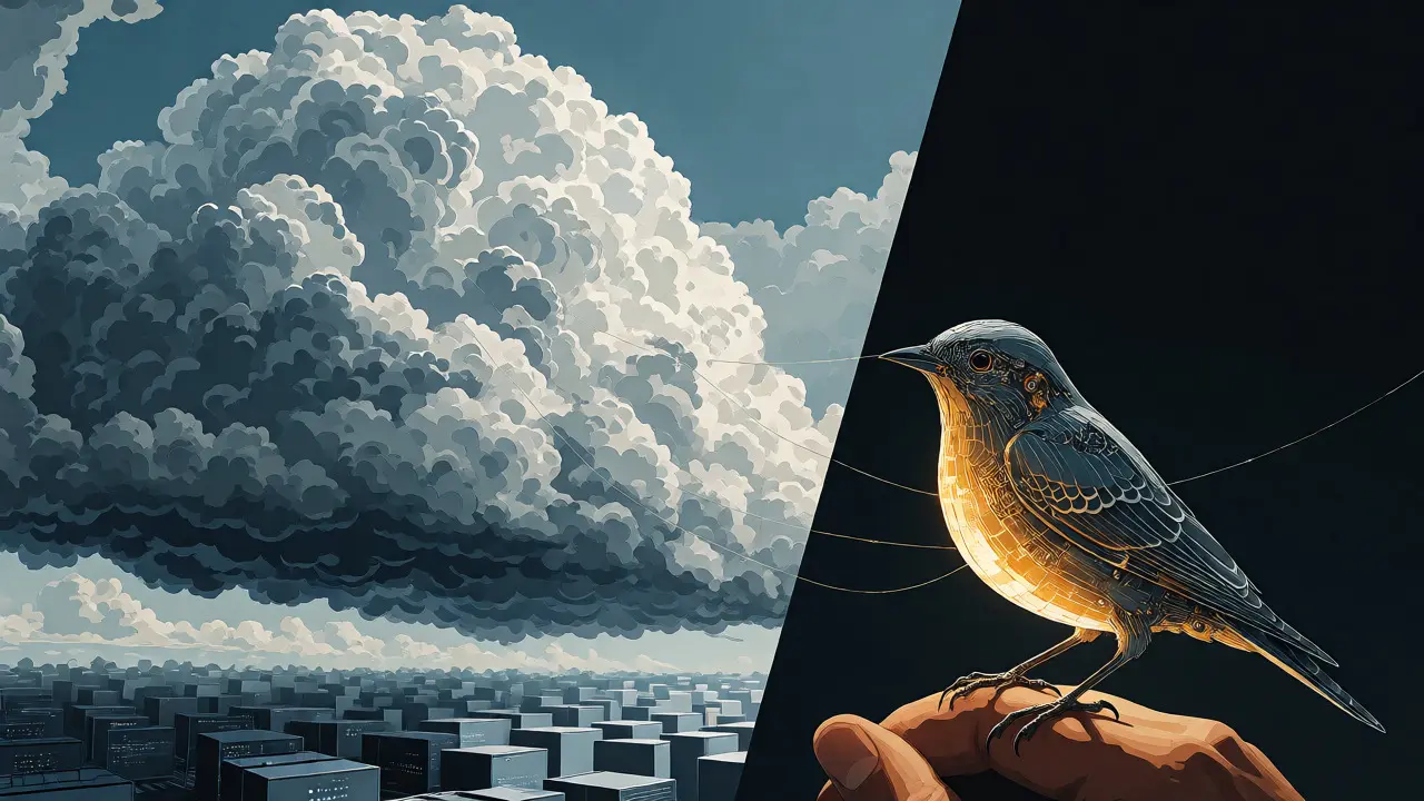 Illustration comparing a large cloud server to a small, efficient mechanical bird on a hand.