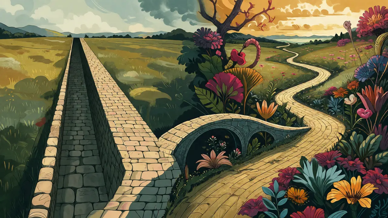 Illustration contrasting a straight, consistent path with a winding, creative journey in a forest setting.