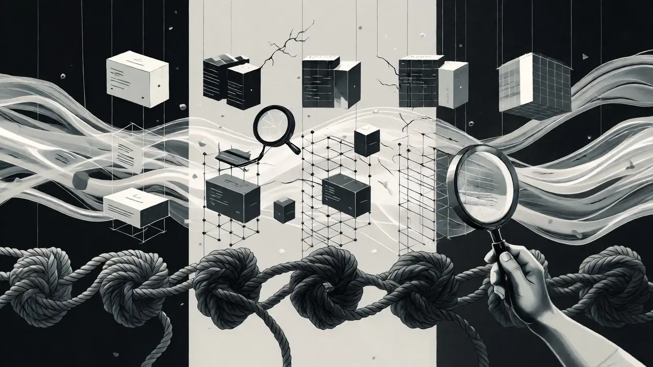 Layered illustration showing prompts, specs, and code with structural cracks