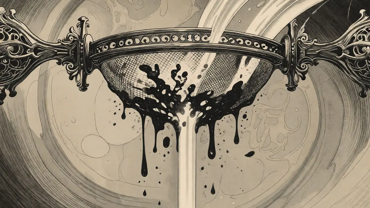 Light passing through an intricate metal sieve, filtering out dark toxic droplets.