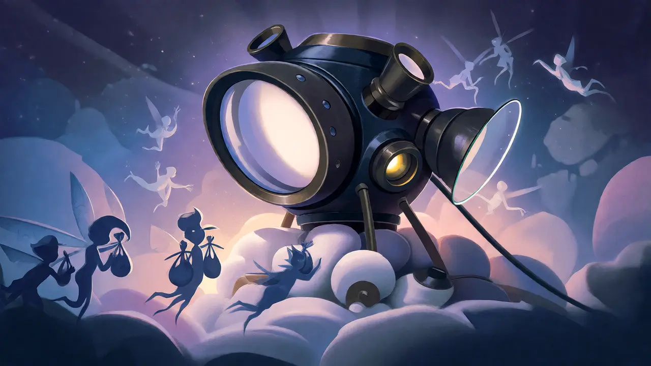 Magical machine with shifting lenses surrounded by spirits carrying data bundles.