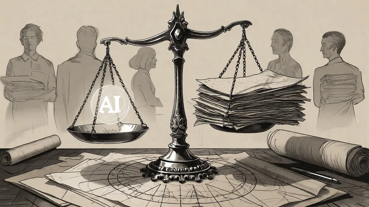Ornate balance scale weighing AI orb against legal documents.