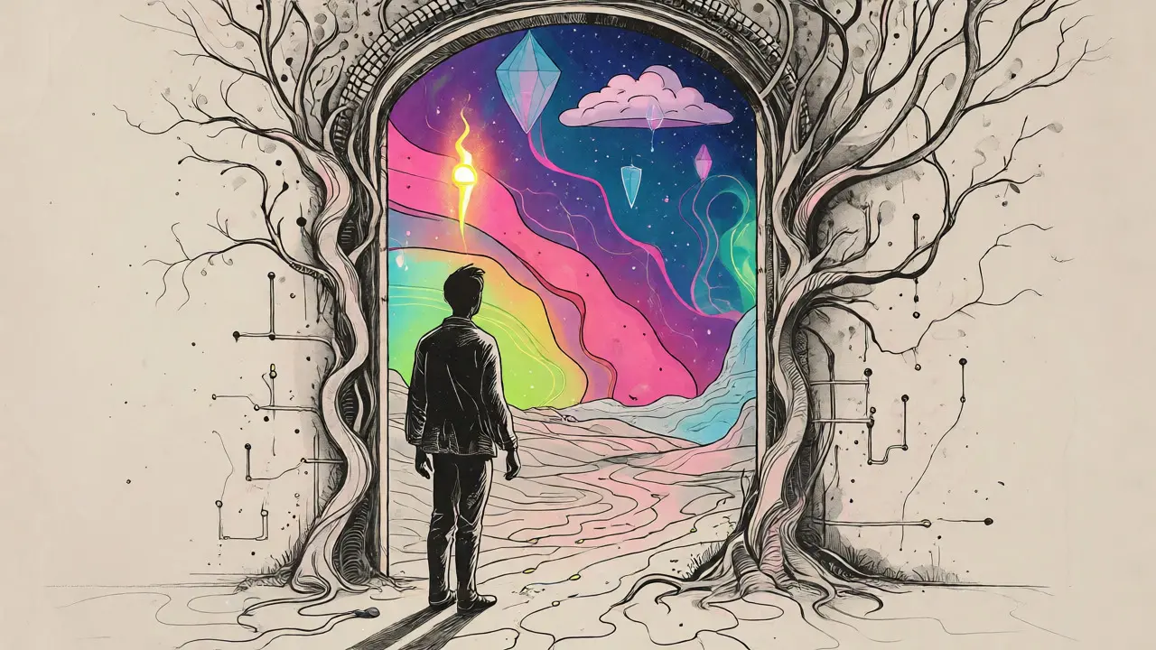 Person entering a magical doorway guided by a glowing AI spirit amidst abstract landscapes.