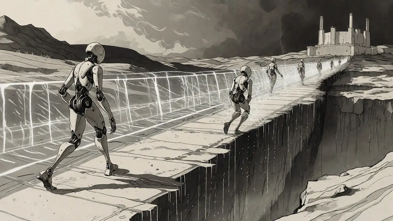 Robotic agents navigating a path protected by shimmering energy guardrails.