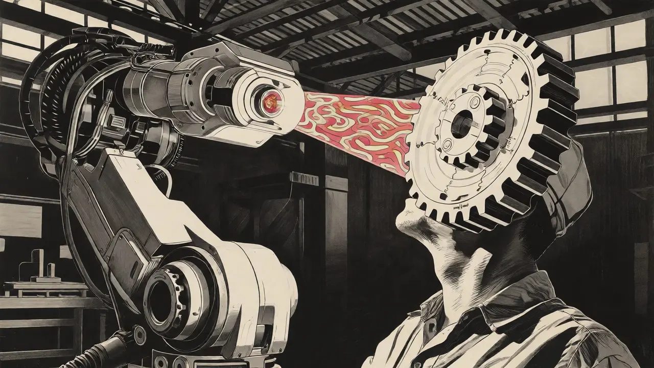 Robotic arm analyzing machinery with projected light beams in a vintage illustrative style.