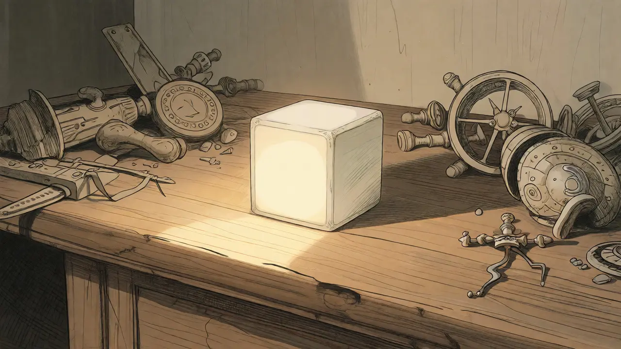 Serene illustration of a simple, clean code cube surrounded by discarded complex technical parts.