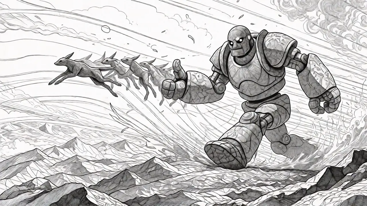Small creature racing ahead of a stone golem verifying paths for speculative decoding