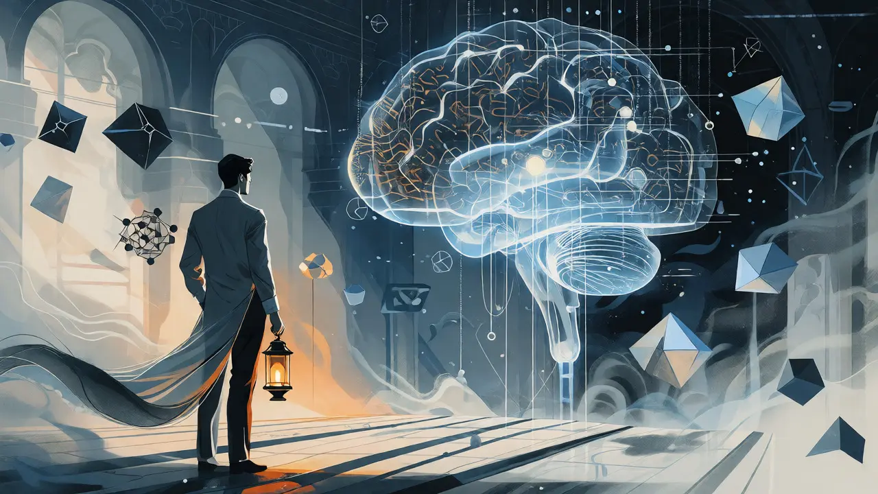 Stylized drawing of a professional illuminating a complex AI system, symbolizing the need for skilled talent.