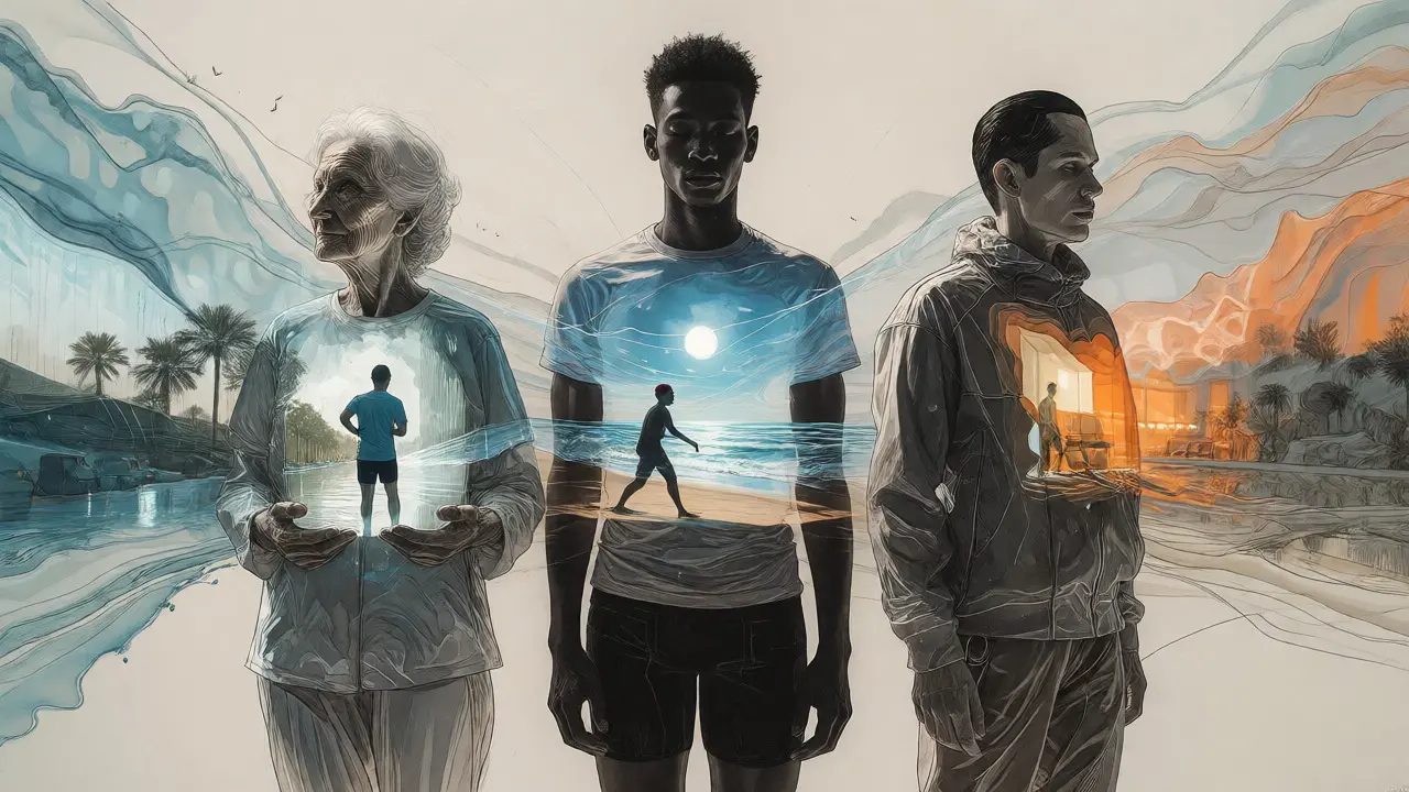 Stylized figures representing diversity projecting personalized lifestyle scenarios in a whimsical landscape.
