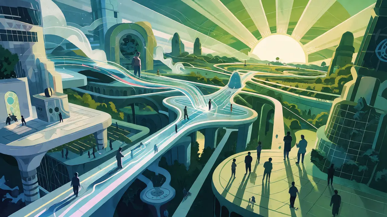 Stylized landscape showing interconnected sectors benefiting from inclusive AI pathways.