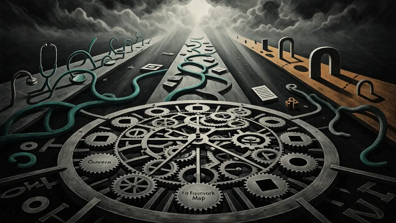 Surreal drawing of a NIST framework gear system branching into three industry-specific paths.