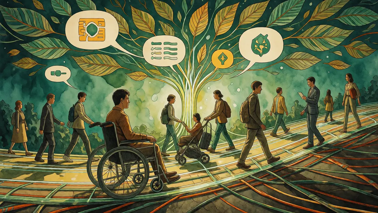 Symbolic art of diverse people benefiting from accessible pathways created by AI tools.
