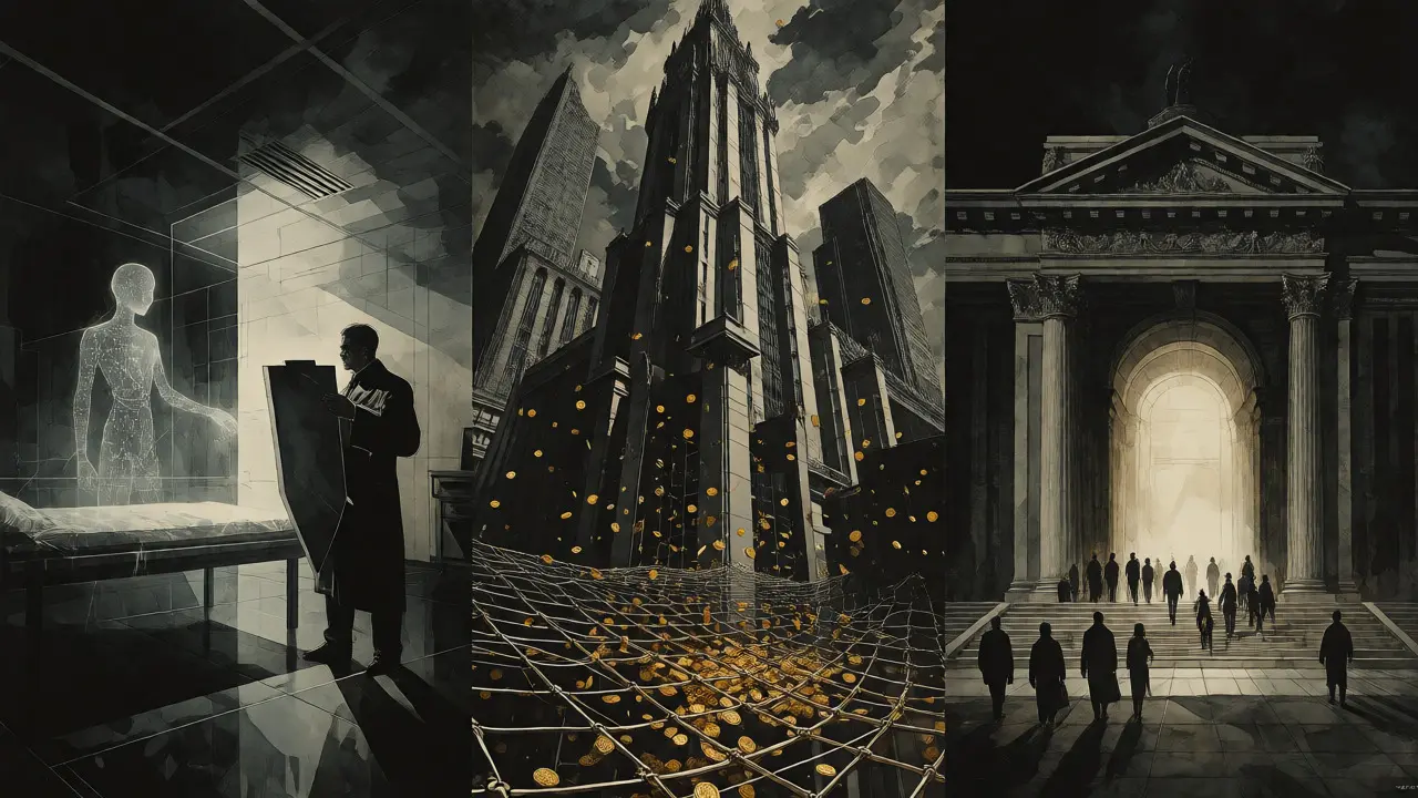 Triptych illustration showing AI safety in healthcare, finance, and public sector contexts.