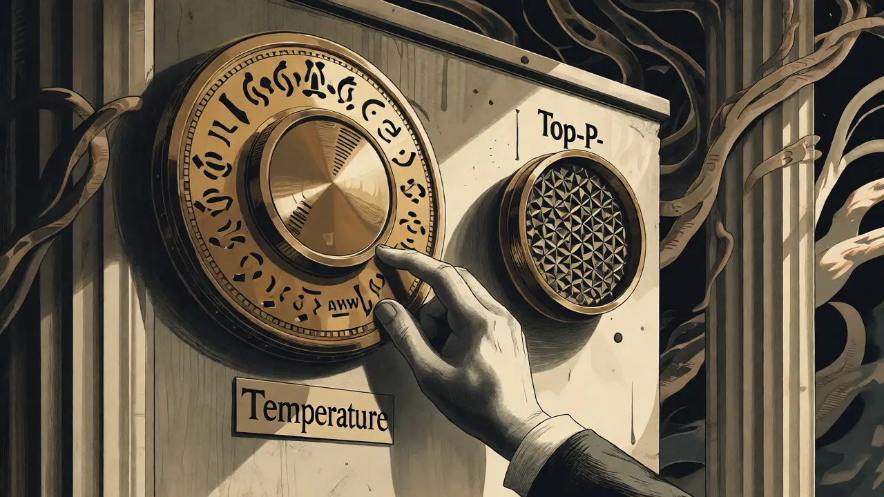 Vintage-style drawing of large brass dials controlling chaotic versus ordered digital outputs.