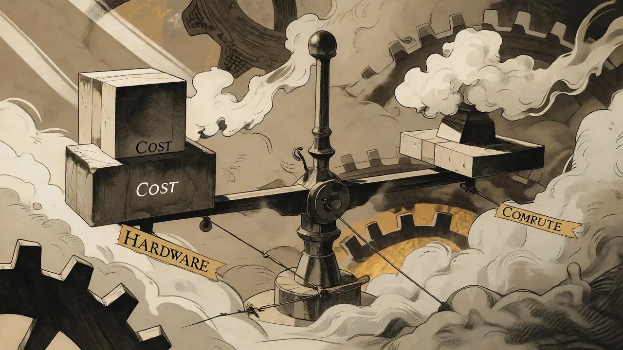 Whimsical drawing of scales balancing heavy hardware blocks against token clouds.