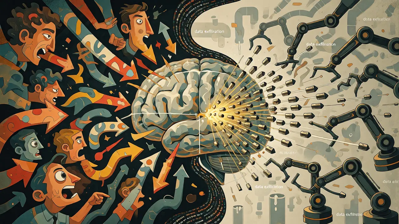 Whimsical drawing showing human creativity and robotic automation attacking a central AI brain.