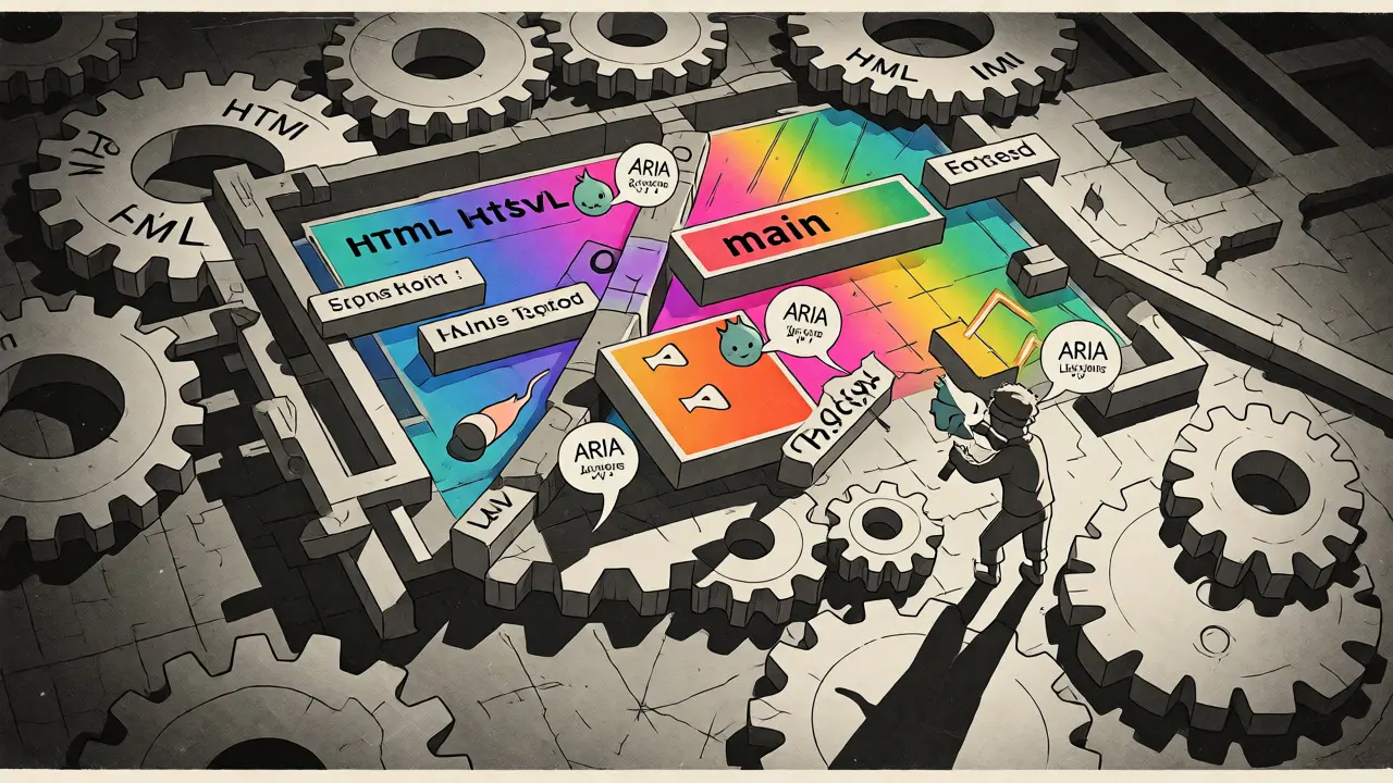 Whimsical machinery blending AI trends with structural HTML elements and ARIA spirits.